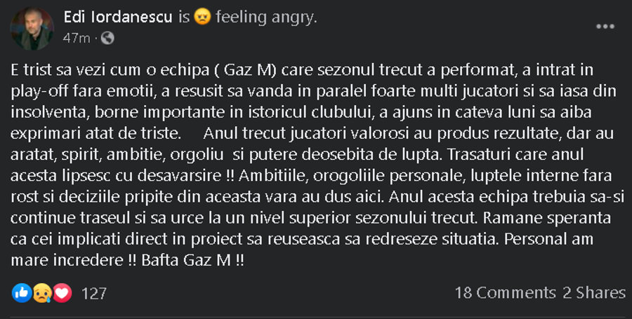 GAZ METAN MEDIAȘ. Edward Iordănescu este nervos, îl ceartă și pe vărul său: „Ambițiile, orgoliile personale, luptele interne fără rost”