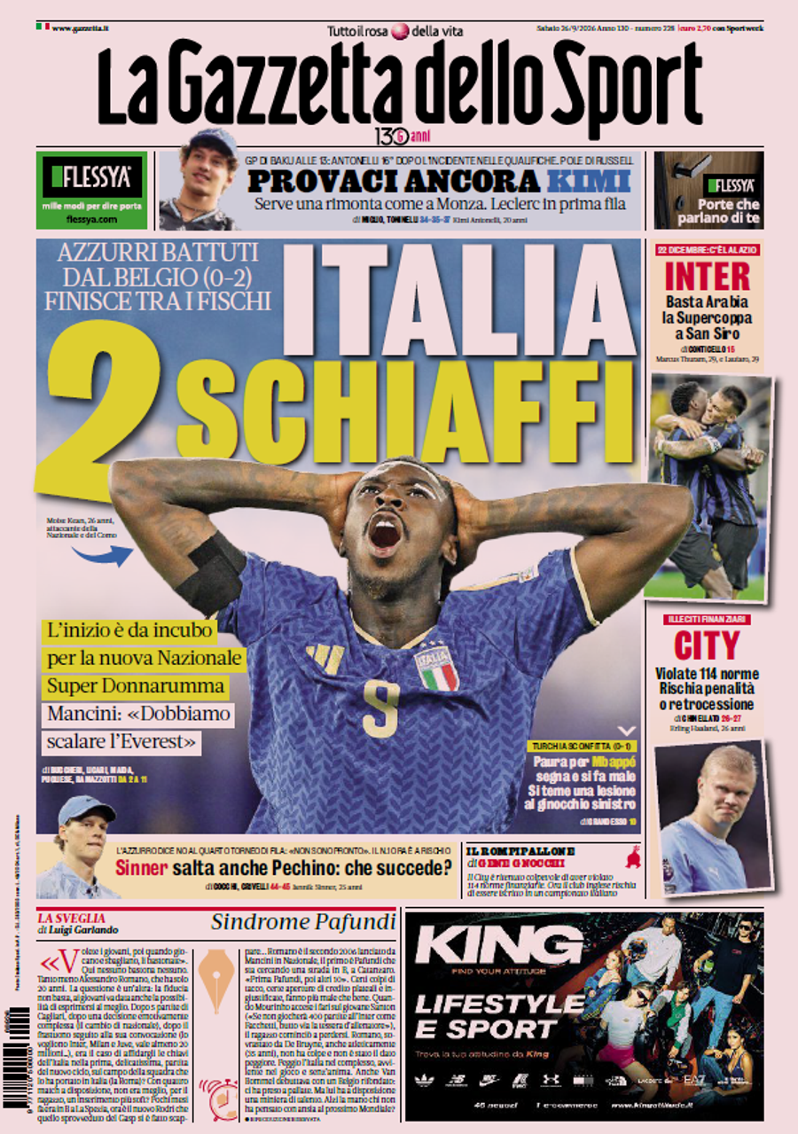 Prima pagină din Gazzetta dello Sport, după Italia - Belgia 0-2 în Nations League Critici dure după eșecul cu Belgia: „Două palme, start de coșmar” » Mancini: „Trebuie să urcăm pe Everest!”