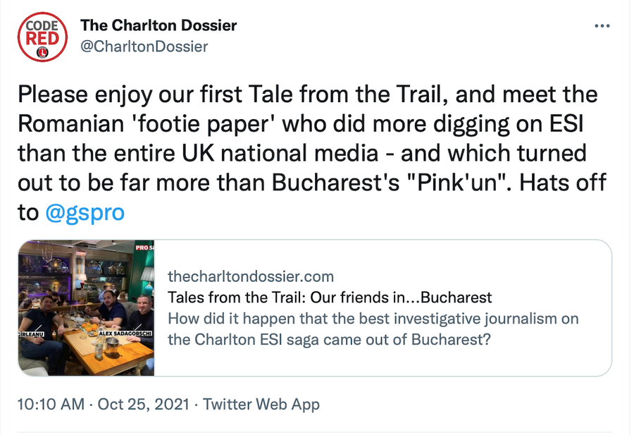 Postare pe contul de Twitter al Charlton Dossier. EXCLUSIV Fanii unui club de tradiție din Anglia, mesaj de apreciere pentru investigațiile Gazetei Sporturilor: „Versiunea românească modernă a Washington Post”