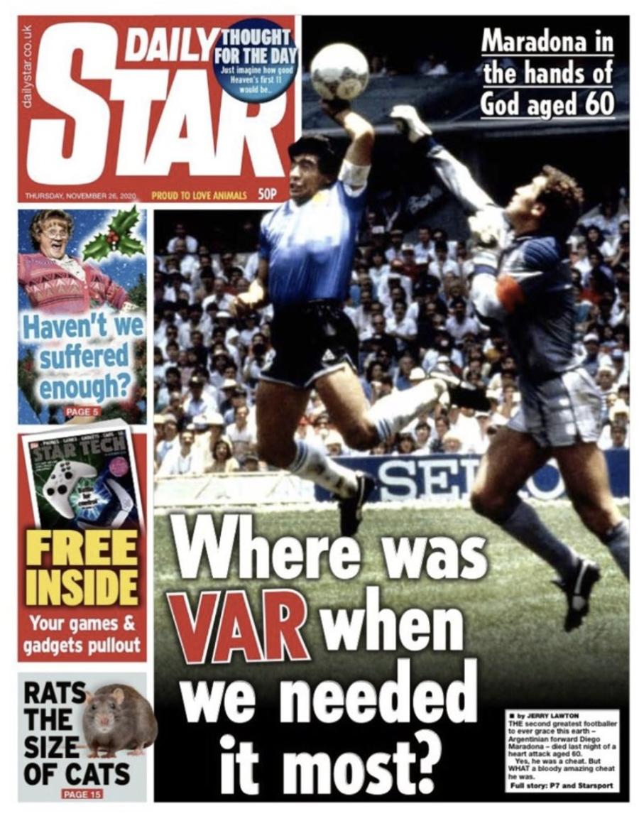 Coperta Daily Star de astăzi FOTO Coperta scandaloasă a unui ziar din Marea Britanie, după decesul lui Diego Maradona
