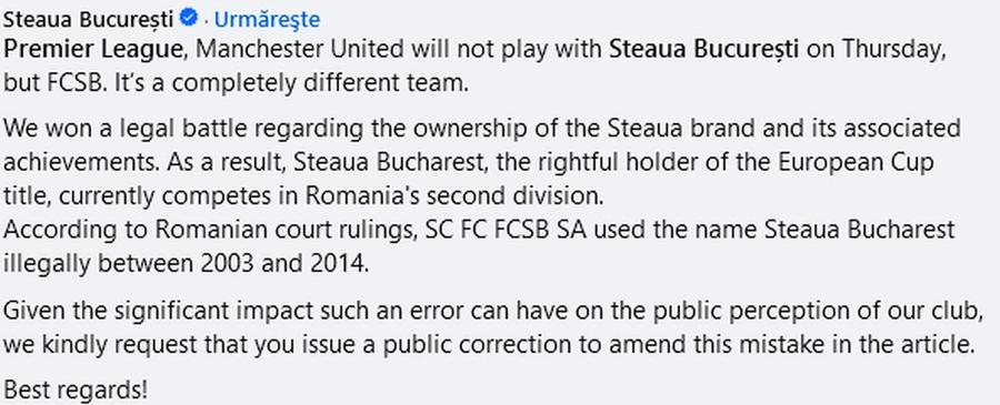 Mesajul postat de Steaua pe contul oficial Premier League Steaua s-a sesizat » Mesaj pentru Premier League, înainte de FCSB - Manchester United