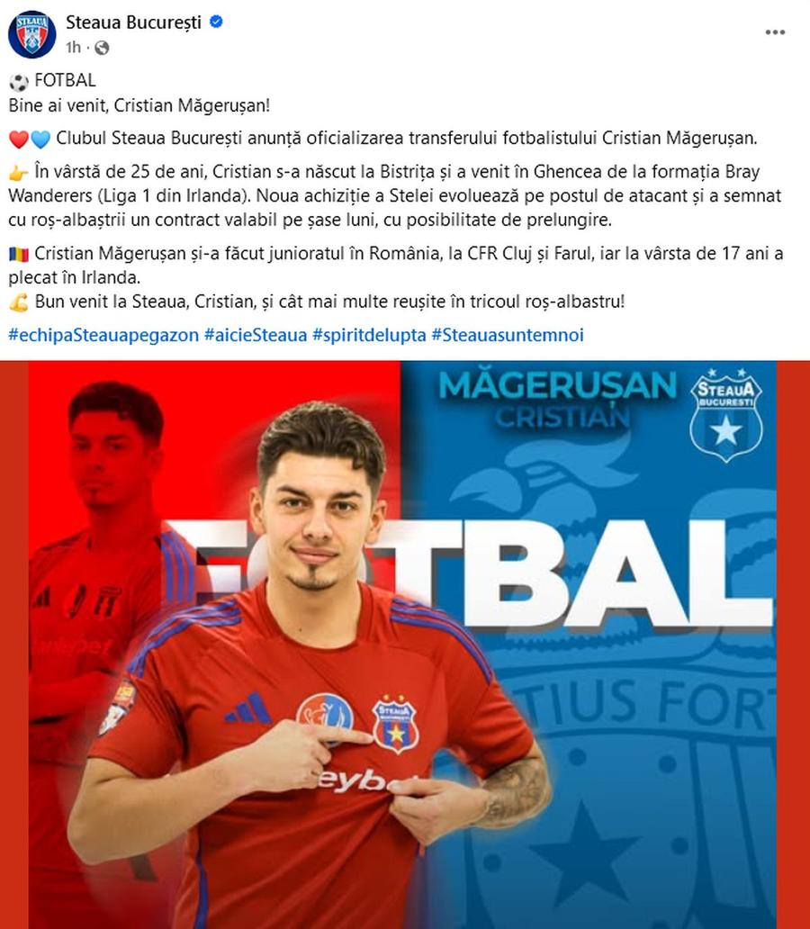 Captură Facebook @Steaua București Gafă la prezentare » Ce apare în anunțul făcut de Steaua privind ultimul transfer