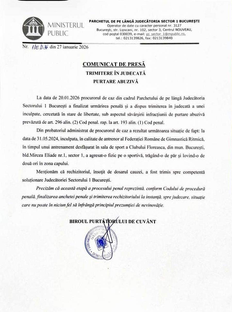 Comunicatul Parchetului de pe lângă Judecătoria Sectorului 1 Antrenoarea acuzată de abuzuri, trimisă oficial în judecată după ce a bruscat-o pe nepoata Simonei Halep: „Trasă de păr și lovită în zona capului”
