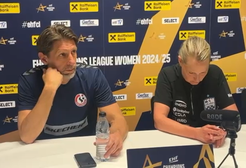 După Esbjerg - CSM București, scor 26-22, Tomas Axner și Helle Thomsen au susținut obișnuita conferință de presă comună. Le-au fost alături interul dreapta Mette Tranborg și portarul Evelina Eriksson.