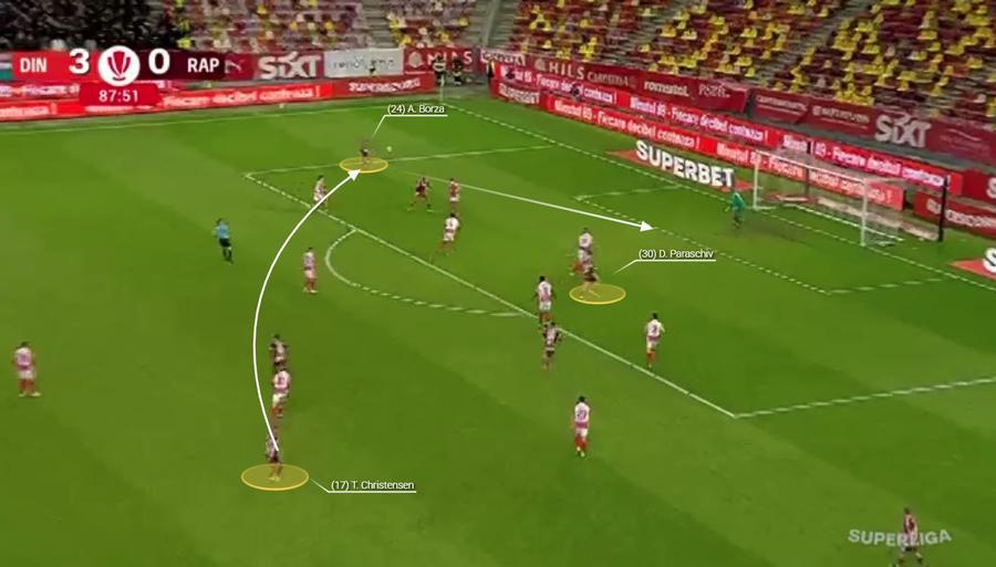 Singura fază dusă la capăt de rapidiști. Daniel Paraschiv înscrie unicul gol al Rapidului. Fotografie generată în platforma Wyscout Explicația unui derby dezechilibrat » Cum i-a stins Kopic lumina lui Gâlcă în Dinamo - Rapid