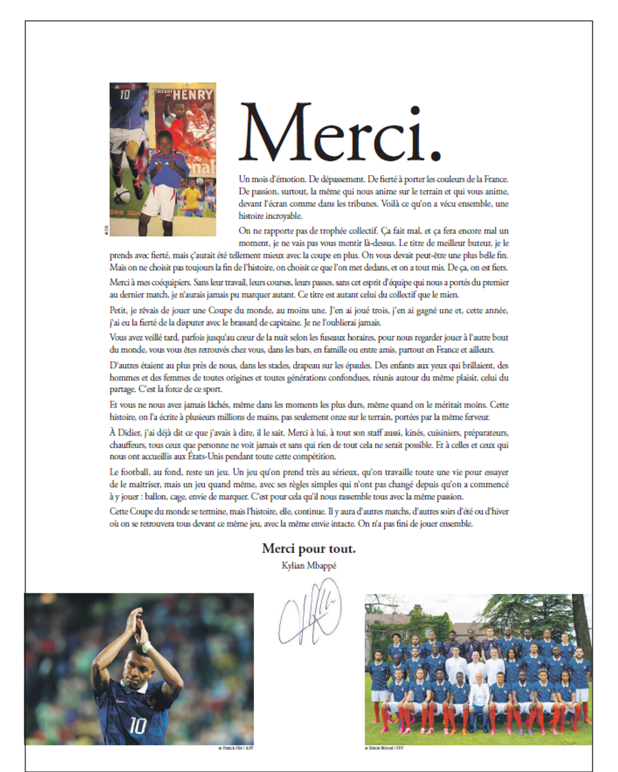 Scrisoarea deschisă a lu Kylian Mbappe, publicată în mai multe ziare din Franța / Foto: Le Parisien Decizia lui Kylian Mbappe uimește Franța! » Ce mesaj a transmis întregii țări căpitanul Les Bleus după Mondial