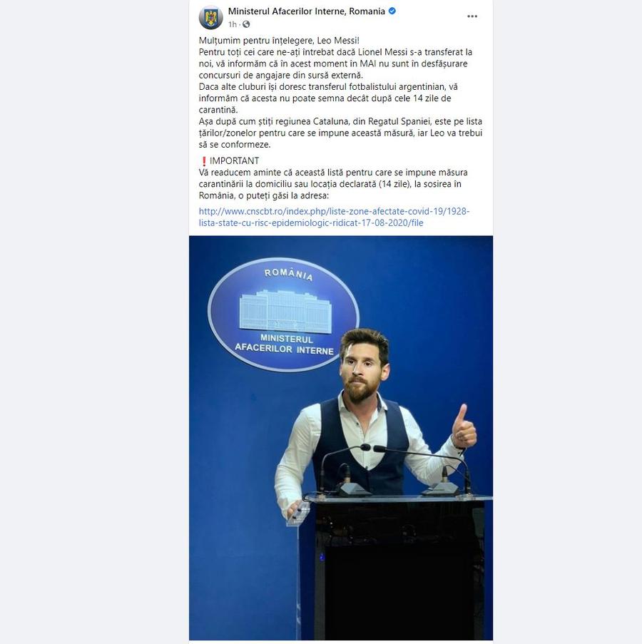 În plin scandal cu interlopii, MAI face glume cu Messi pe facebook