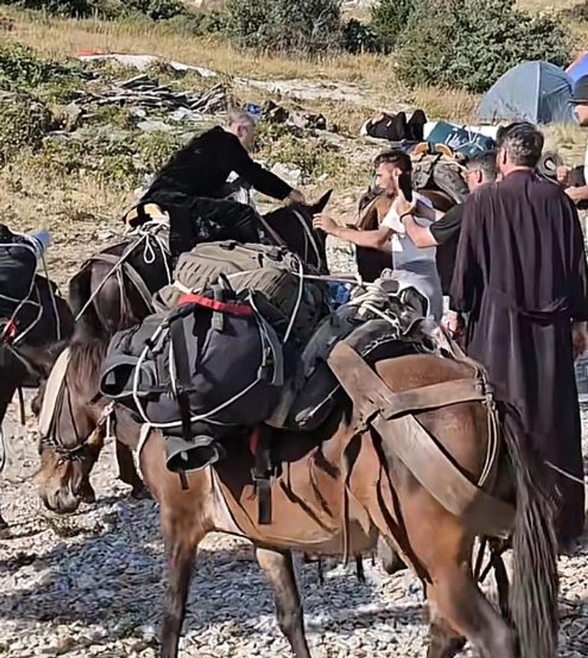 Gigi Becali, călare pe catâr la Muntele Athos