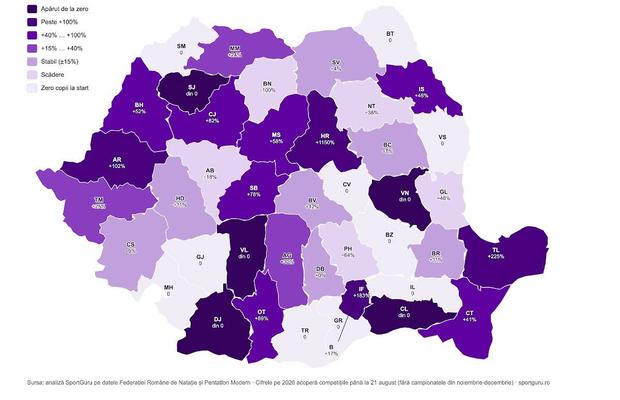 Efectul David Popovici județ cu județ » Cu cât a crescut numărul de copii înscriși la concursurile oficiale de înot în România