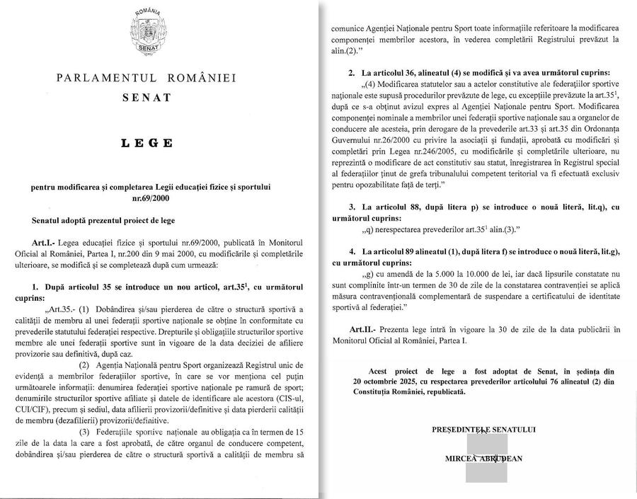 Așa arată modificarea legilativă a Legii Sportului Senatul a aprobat schimbări la Legea Sportului » Federațiile nu mai sunt obligate să treacă prin justiție modificările de acte constitutive, de statut sau noile afilieri