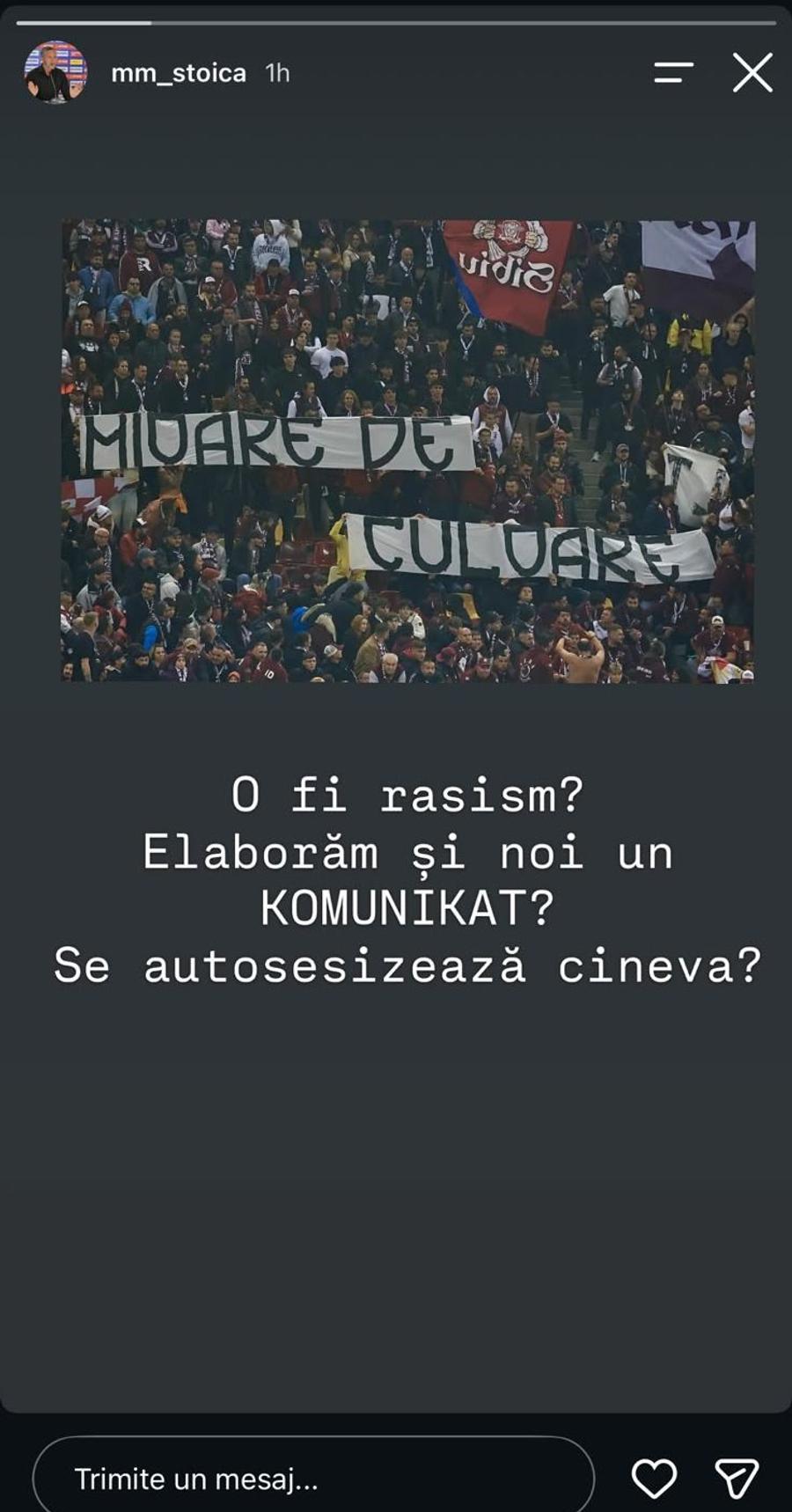 După ce aseară a pronunțat în direct „M**e Steaua”, Mihai Stoica a revenit azi pe Instagram: „Ăsta nu e rasism?”