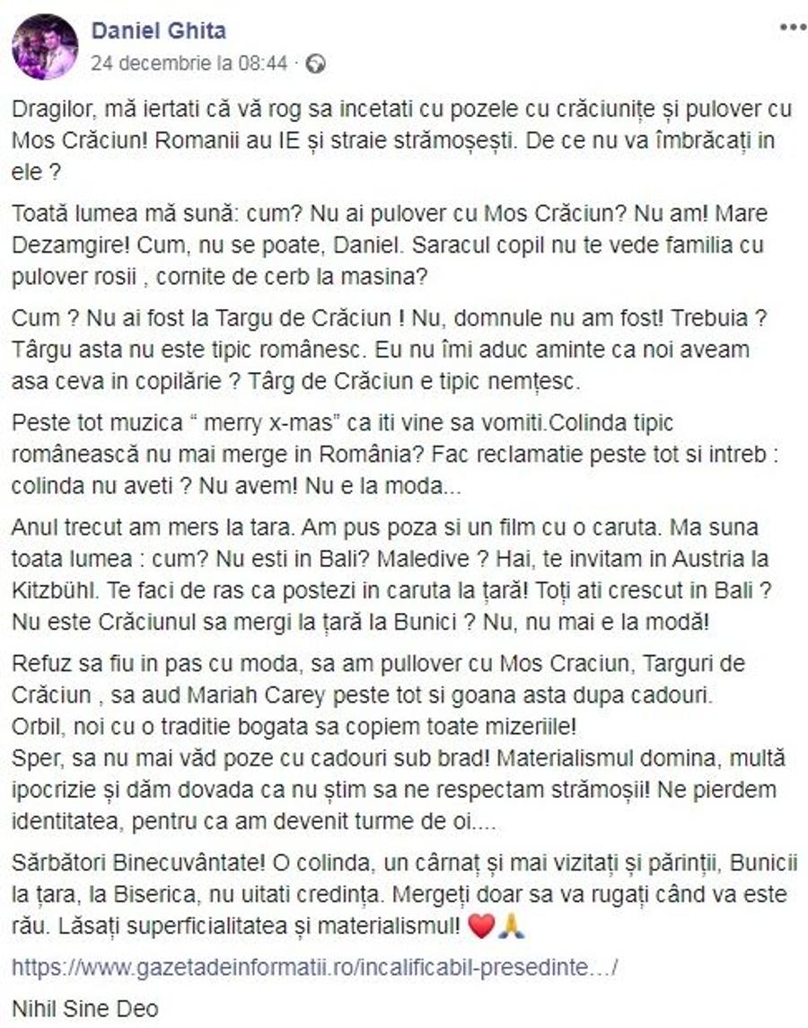 Daniel Ghiță, mesaj-manifest de Crăciun: „Copiem toate mizeriile! Toți ați crescut în Bali? Îți vine să vomiți”
