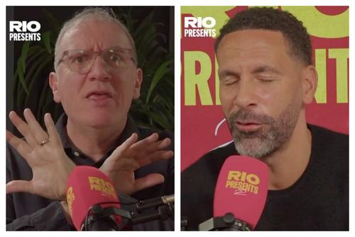 Kieran Maguire (în stânga) și reacția lui Rio Ferdinand la răspunsul invitatului