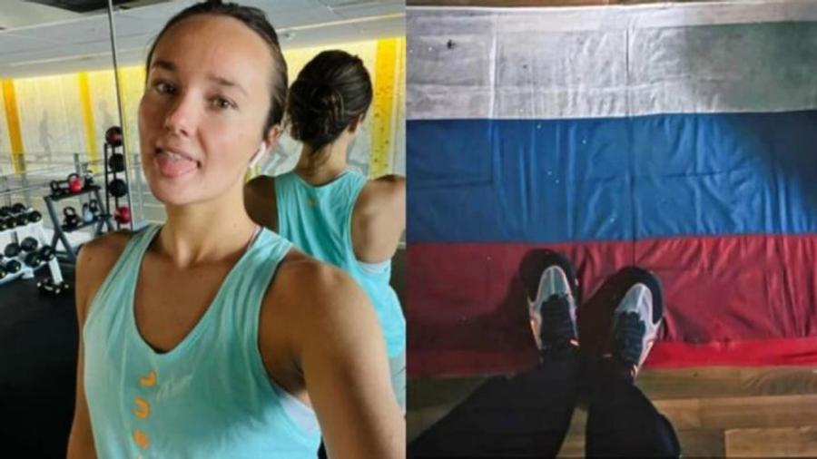 Victoria Zeynep calcă în picioare steagul Federației Ruse, foto: Instagram O înotătoare de origine ucraineană a călcat în picioare steagul Rusiei » Reacția ministrului rus al Sportului