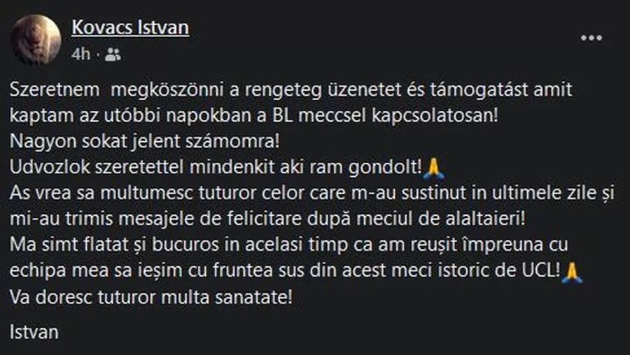 Istvan Kovacs, primul mesaj public, după prestația din Manchester City - Real Madrid
