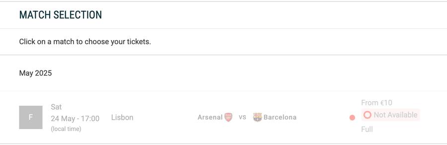 Nu se mai pot cumpăra bilete la finala Champions League dintre Arsenal și Barcelona. foto: captură UEFA INCREDIBIL! Bilete cu doar 50 de lei la finala Champions League
