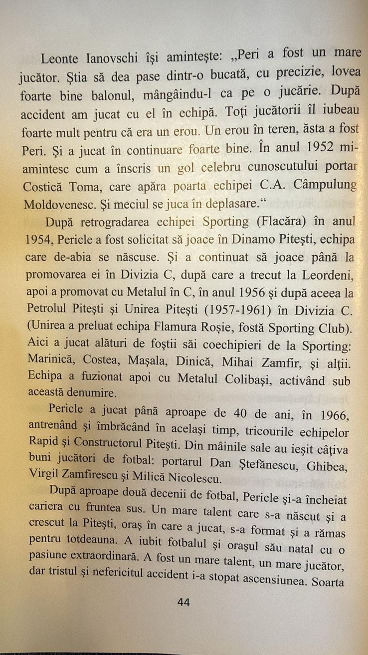 Interviu cu Pericle Valeca realizat de scriitorul Sevastian Tudor în cartea „FC Argeș, primul club de fotbal din România postbelică (1953-2021)”
