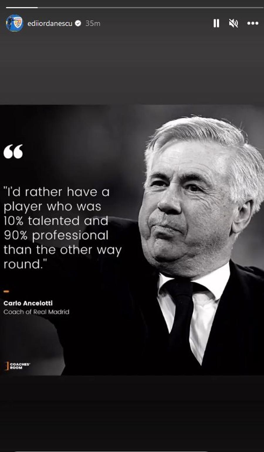 foto: Instagram @ediiordanescu Edi Iordănescu, mesaj enigmatic citat din Carlo Ancelotti: „Mai degrabă, aș vrea un fotbalist ca ăsta”