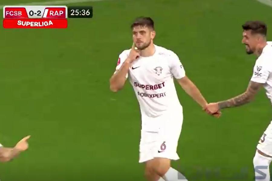 Paul Iacob și-a bătut obrazul după ce a marcat în poarta lui Târnovanu (captură TV DigiSport) De ce i-a arătat Paul Iacob obrazul lui Adi Mutu » Șansa imensă ratată de fundașul de la Rapid