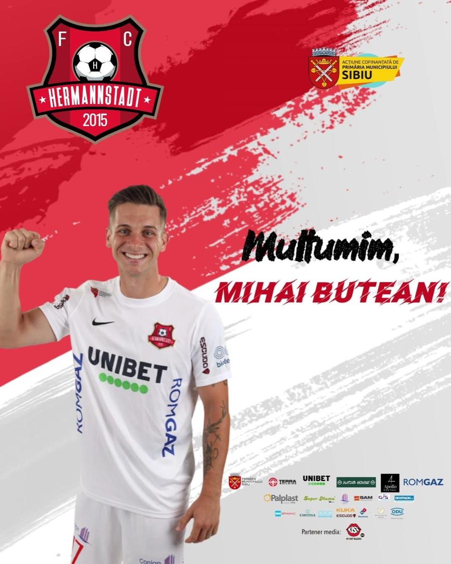 Mihai Butean s-a despărțit de Hermannstadt, foto: Facebook FC Hermannstadt A plecat de la Hermannstadt! Anunțul clubului: „Rezilierea vine la solicitarea directă a fotbalistului”