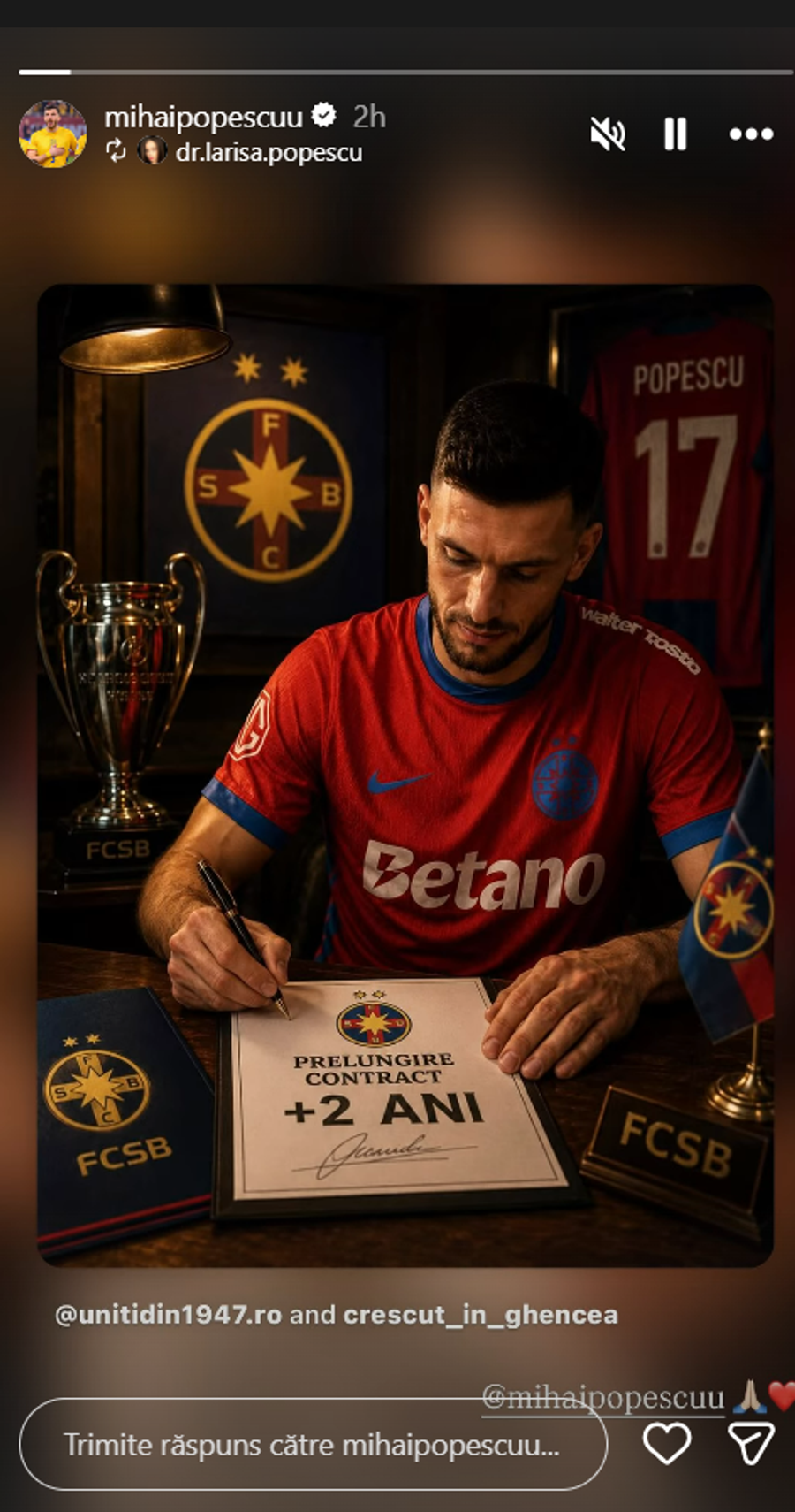 Foto: Instagram Soția fotbalistului a făcut anunțul » A semnat pe 2 ani cu FCSB