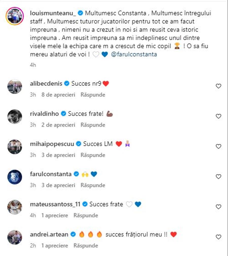 Colegii i-au urat succes lui Louis Munteanu / FOTO: Captură @Instagram Și-a anunțat plecarea de la Farul: „Mulțumesc Constanța, o să fiu mereu alături de voi! Mi-am îndeplinit visul”