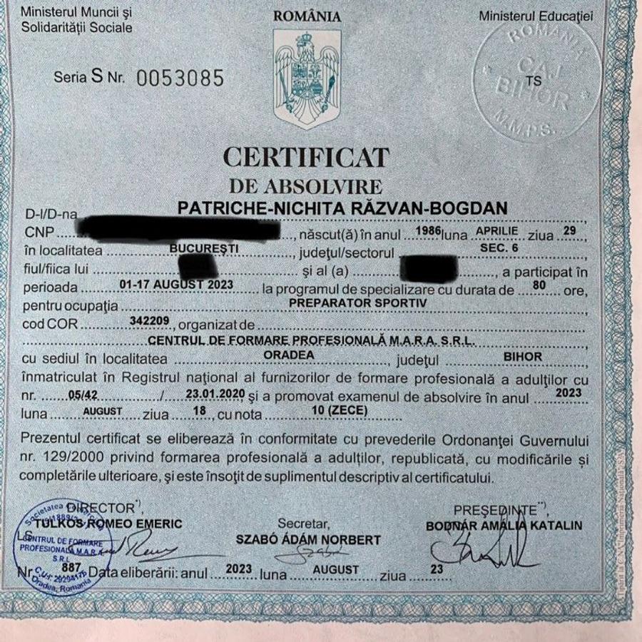 Diploma de preparator a lui Răzvan Patriche Încă un atestat pentru căpitanul lui Dinamo: după cel de poștaș a venit și cel de preparator fizic