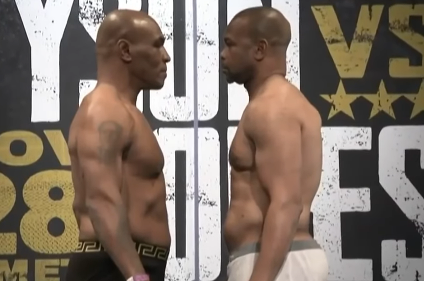 Mike Tyson, 54 de ani, și Roy Jones Jr., 51 de ani, s-au întâlnit față în față la cântărul oficial, cu o zi înaintea luptei din Los Angeles.