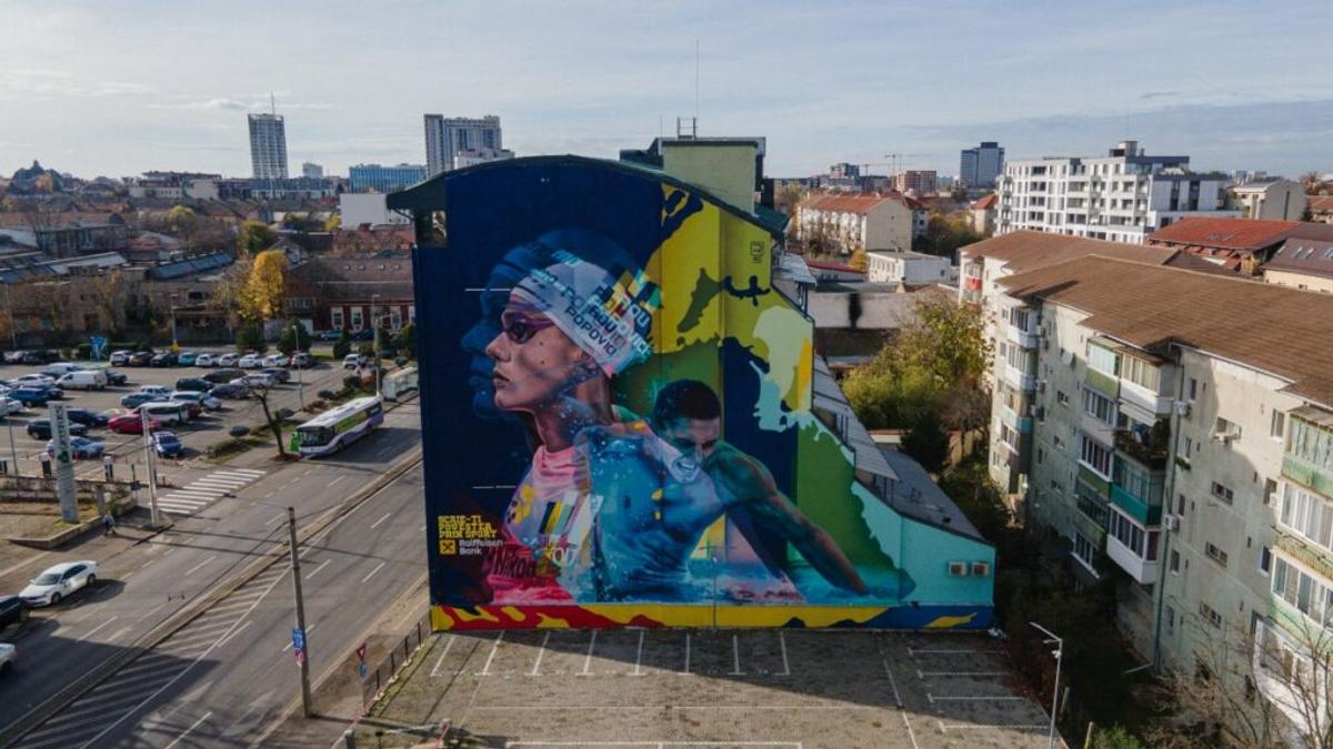 Mural David Popovici în Timișoara
