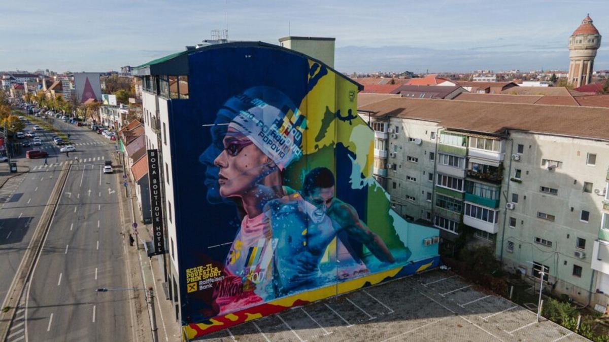 Mural David Popovici în Timișoara