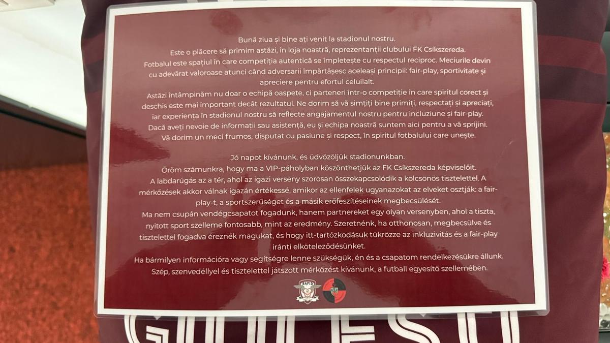 Mesajul găsit de Csikszereda în lojă înainte de meciul cu Rapid