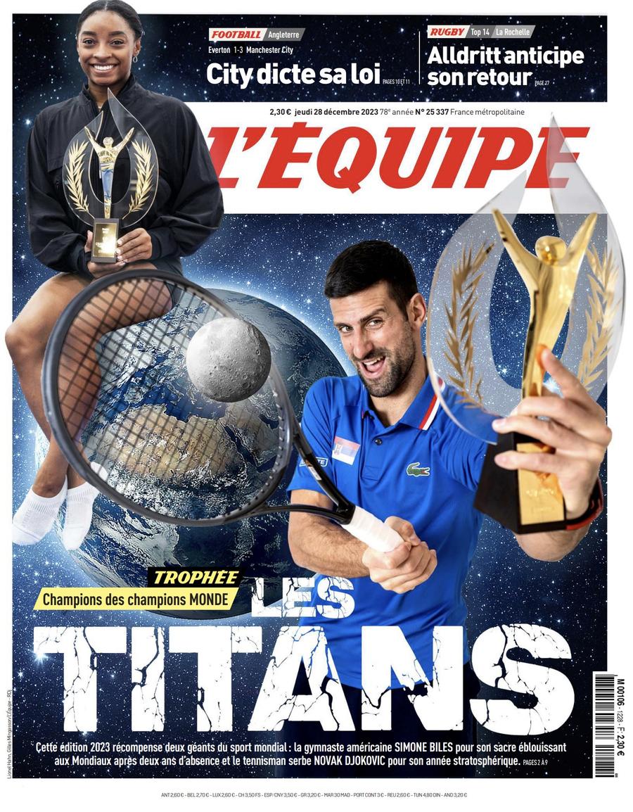 Prima pagină din L’Equipe Novak Djokovic și Simone Biles au fost declarați „campionii campionilor” în 2023 de către prestigiosul ziar francez L’Equipe