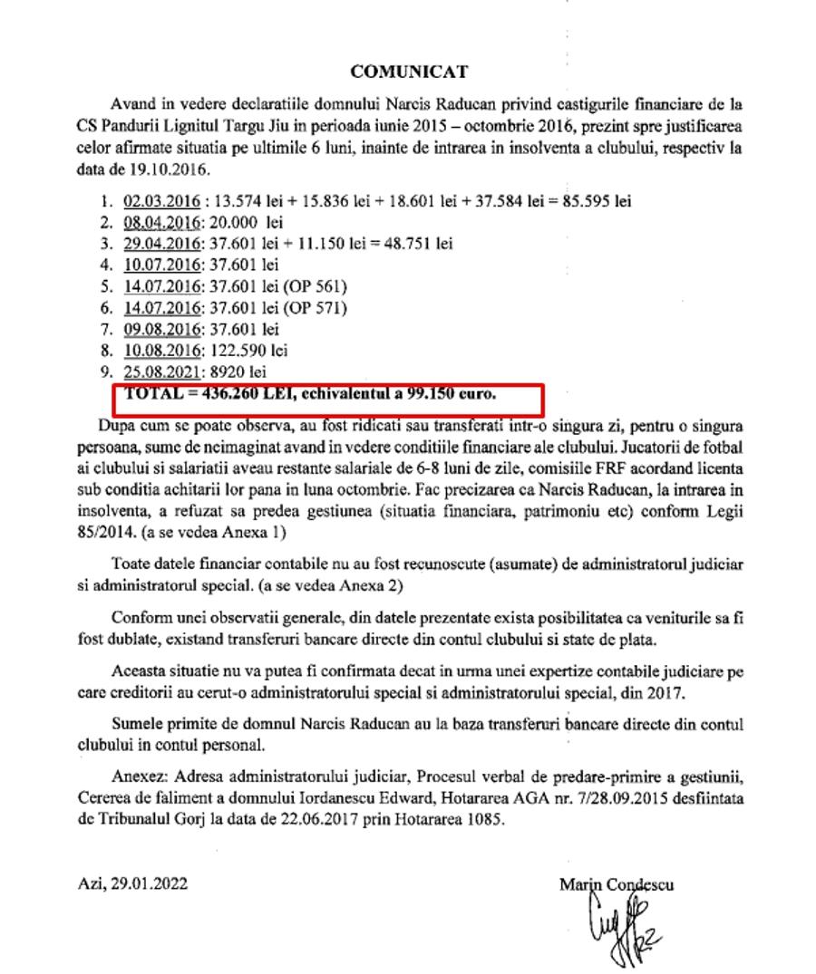 Condescu contraatacă! Documentul prin care arată salariul lui Narcis Răducan la Pandurii: „Au fost ridicate sume de neimaginat, având în vedere situația clubului”