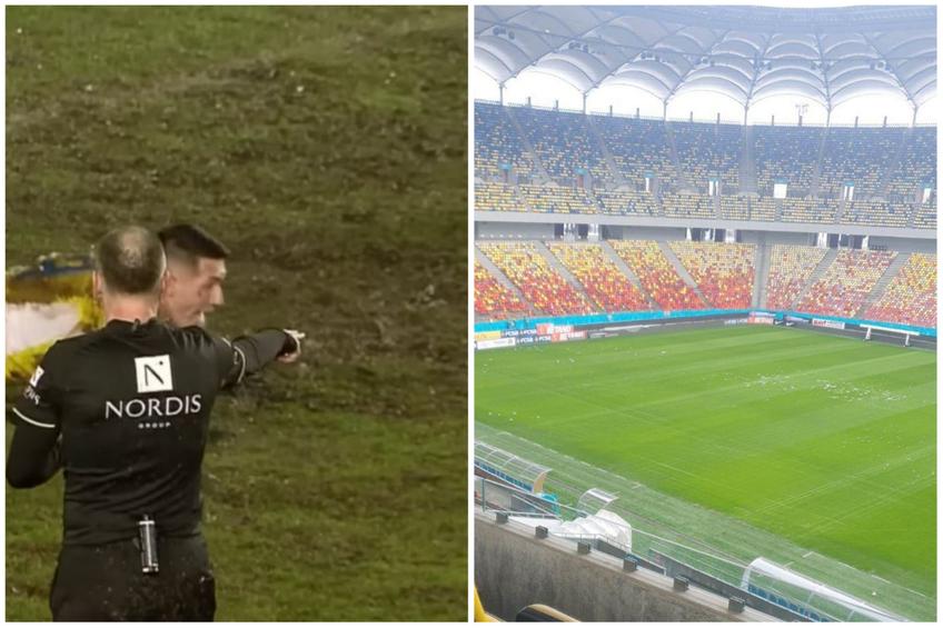 În stânga, gazonul plin de noroi de la Ploiești. În dreapta, cel de pe Arena Națională