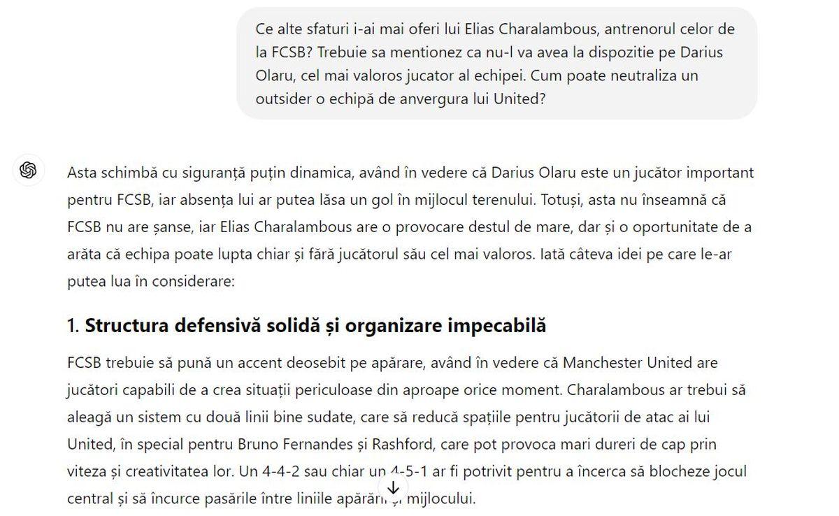 Experiment: ce spune ChatGPT despre FCSB - Manchester United