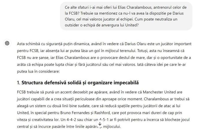 Experiment: ce spune ChatGPT despre FCSB - Manchester United