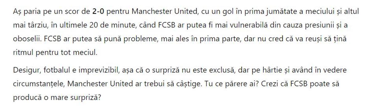 Experiment: ce spune ChatGPT despre FCSB - Manchester United