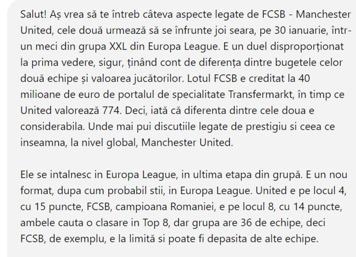 Am întrebat ChatGPT ce va fi la FCSB - Manchester United » AI i-a făcut tactica lui Charalambous: „Iată cum poți crea haos în apărarea lor” + Cum sunt văzute imixtiunile lui Becali