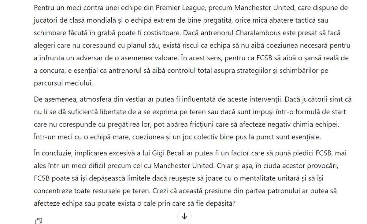 Experiment: ce spune ChatGPT despre FCSB - Manchester United