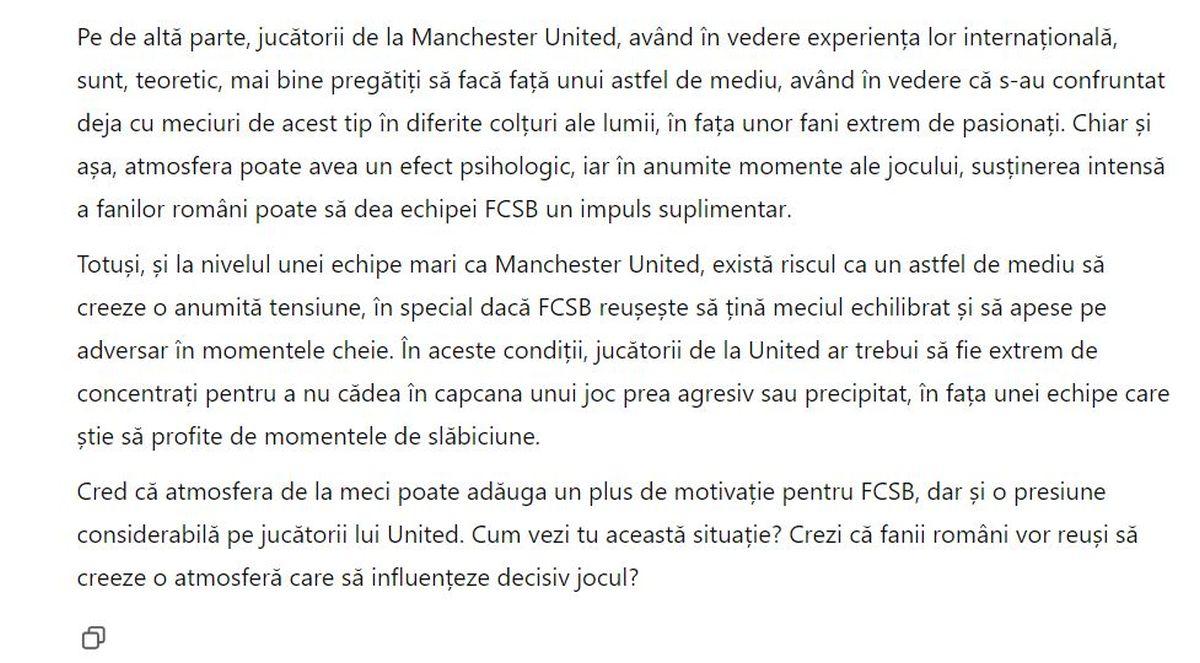 Am întrebat ChatGPT ce va fi la FCSB - Manchester United » AI i-a făcut tactica lui Charalambous: „Iată cum poți crea haos în apărarea lor” + Cum sunt văzute imixtiunile lui Becali