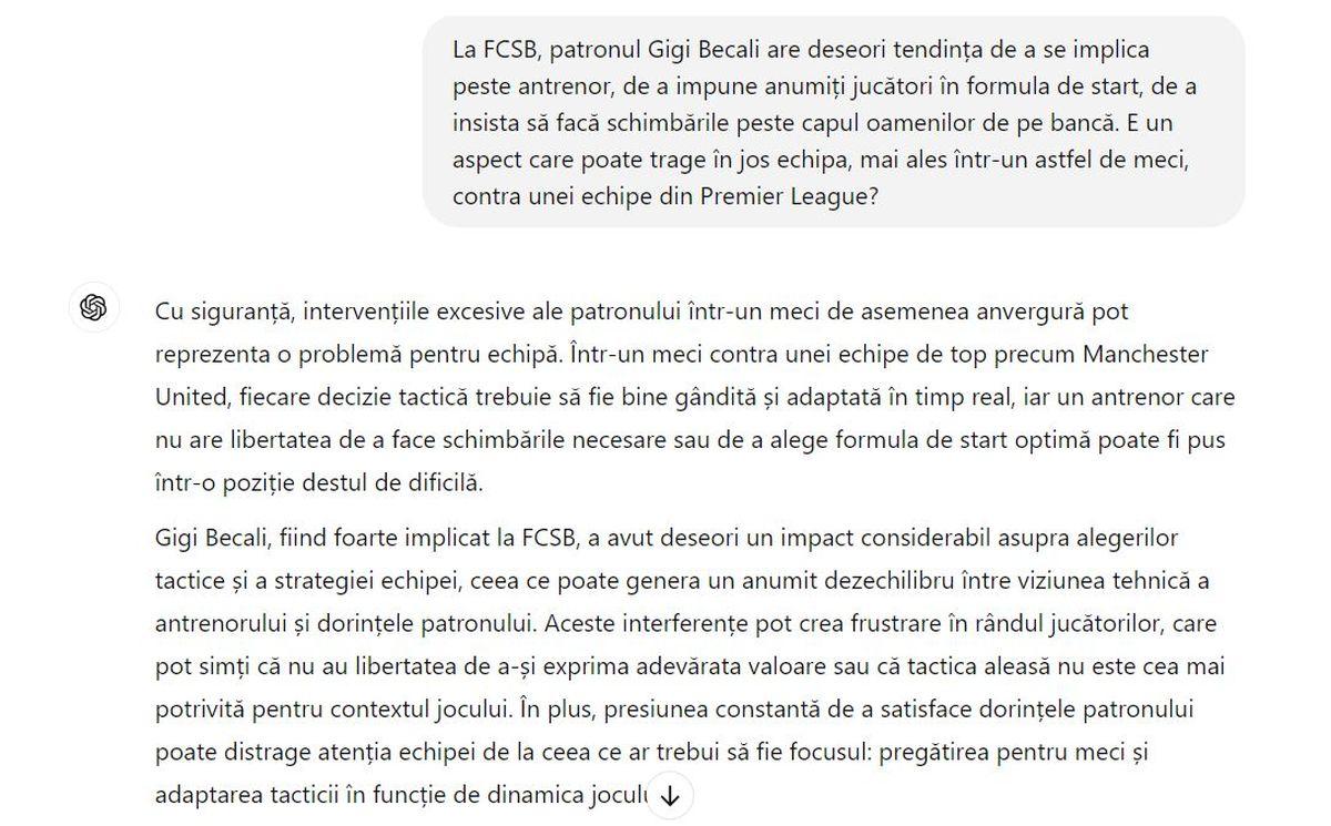 Experiment: ce spune ChatGPT despre FCSB - Manchester United