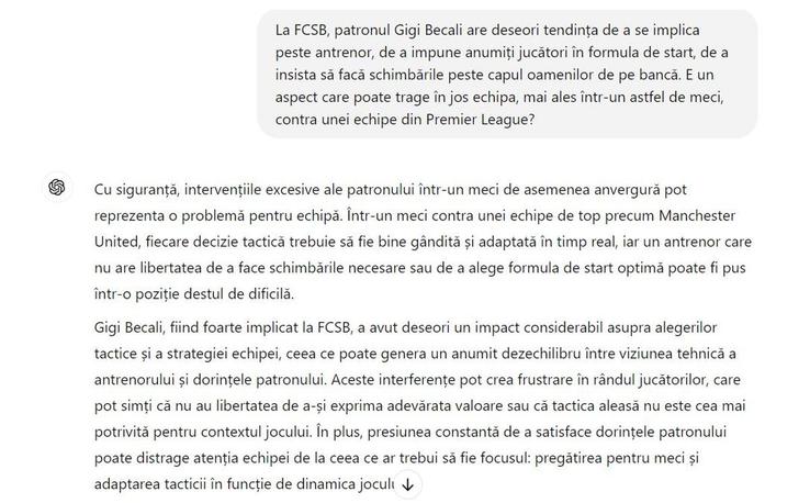 Experiment: ce spune ChatGPT despre FCSB - Manchester United