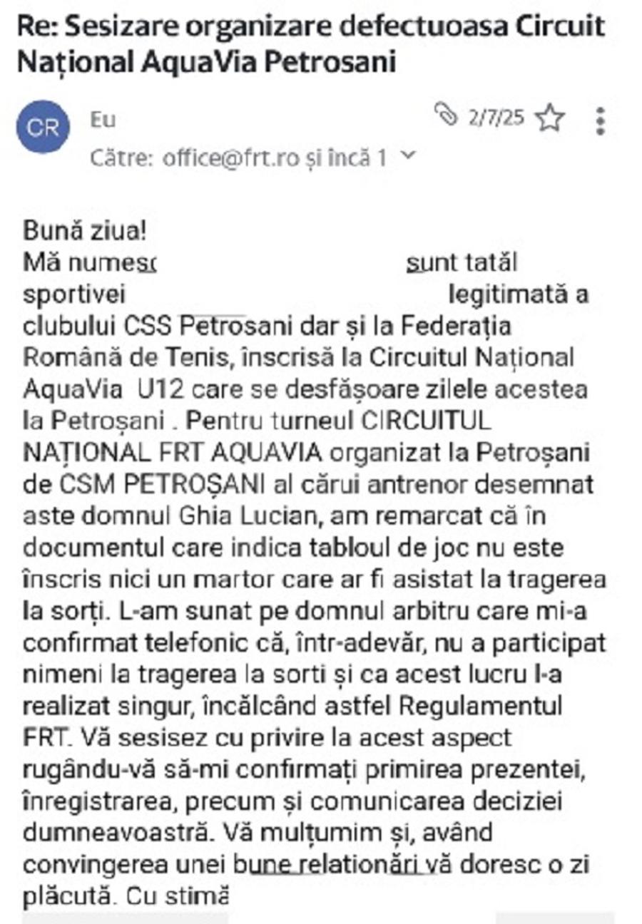 Captura sesizării făcute la adresa FRT Abuzuri în lanț: „Monica Iacob-Ridzi a cerut să trântească finala pentru fiica ei!” + Înregistrare audio ȘOCANTĂ cu soțul-primar: „Ce p*** mea îi trebuie competiție?”