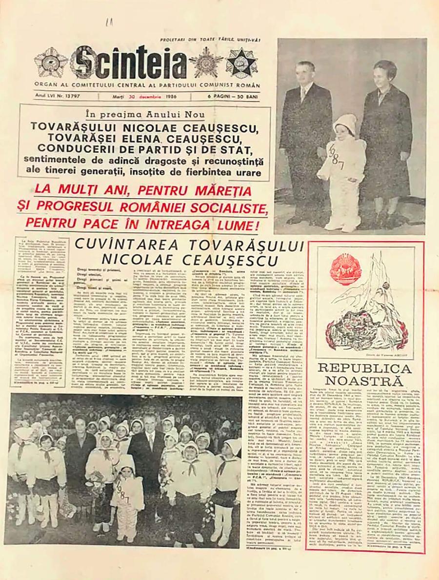 Prima pagină a ziarului Scînteia, cu laude dedicate lui Nicolae Ceaușescu Al XV-lea Congres » Adunarea Generală a FRF, exercițiu de laude la adresa lui Răzvan Burleanu și aplauze declanșate la comandă