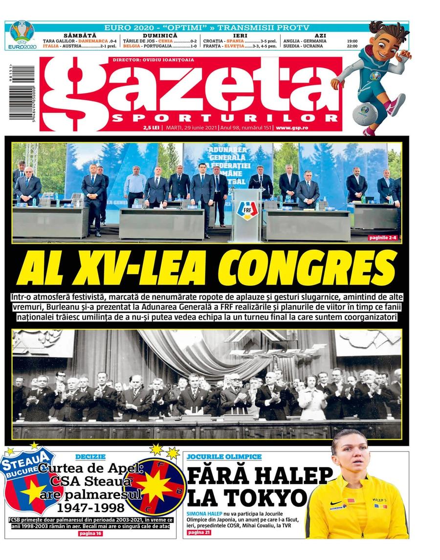 Prima pagină a ediției de azi a Gazetei Sporturilor Al XV-lea Congres » Adunarea Generală a FRF, exercițiu de laude la adresa lui Răzvan Burleanu și aplauze declanșate la comandă