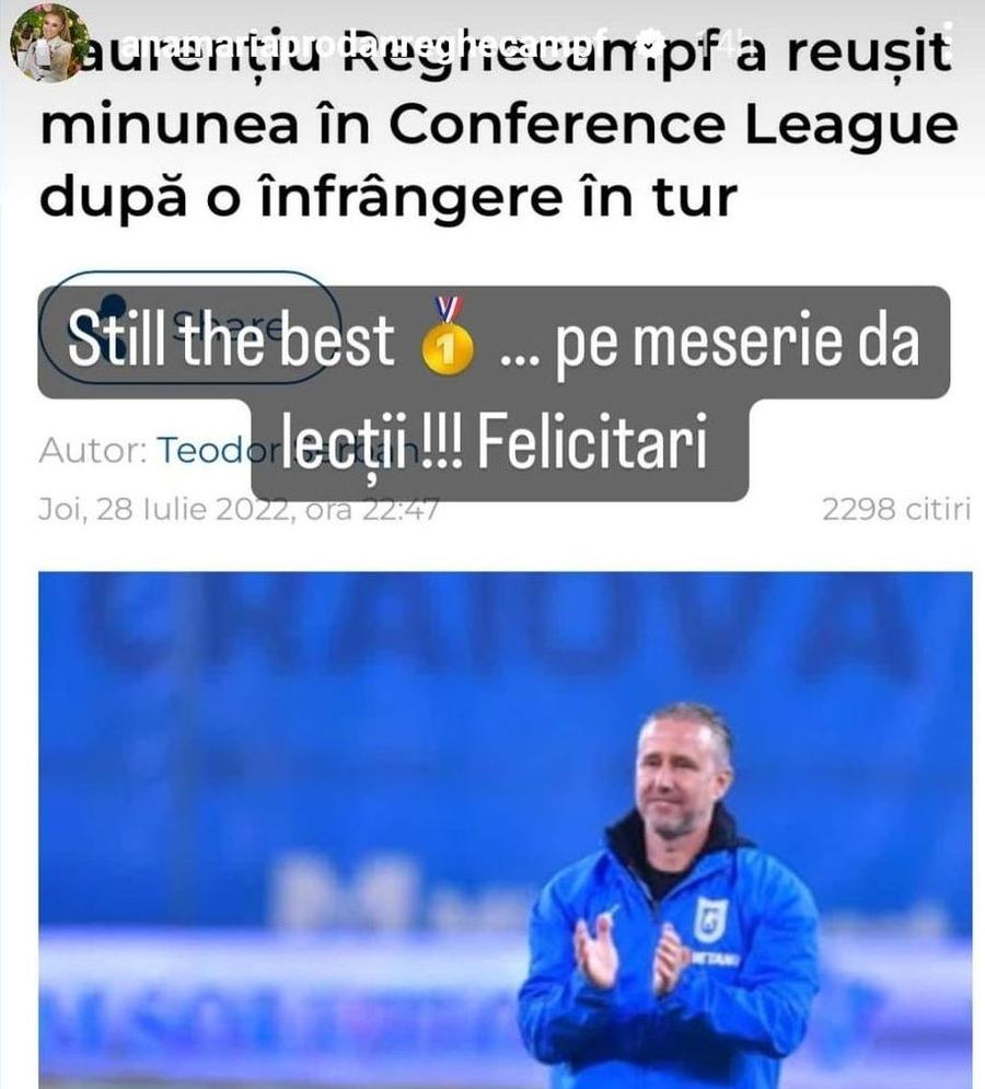 Anamaria Prodan, mesaj surprinzător pentru Laurențiu Reghecampf, după revenirea de excepție din Conference: „Still the best! Pe meserie dă lecții”