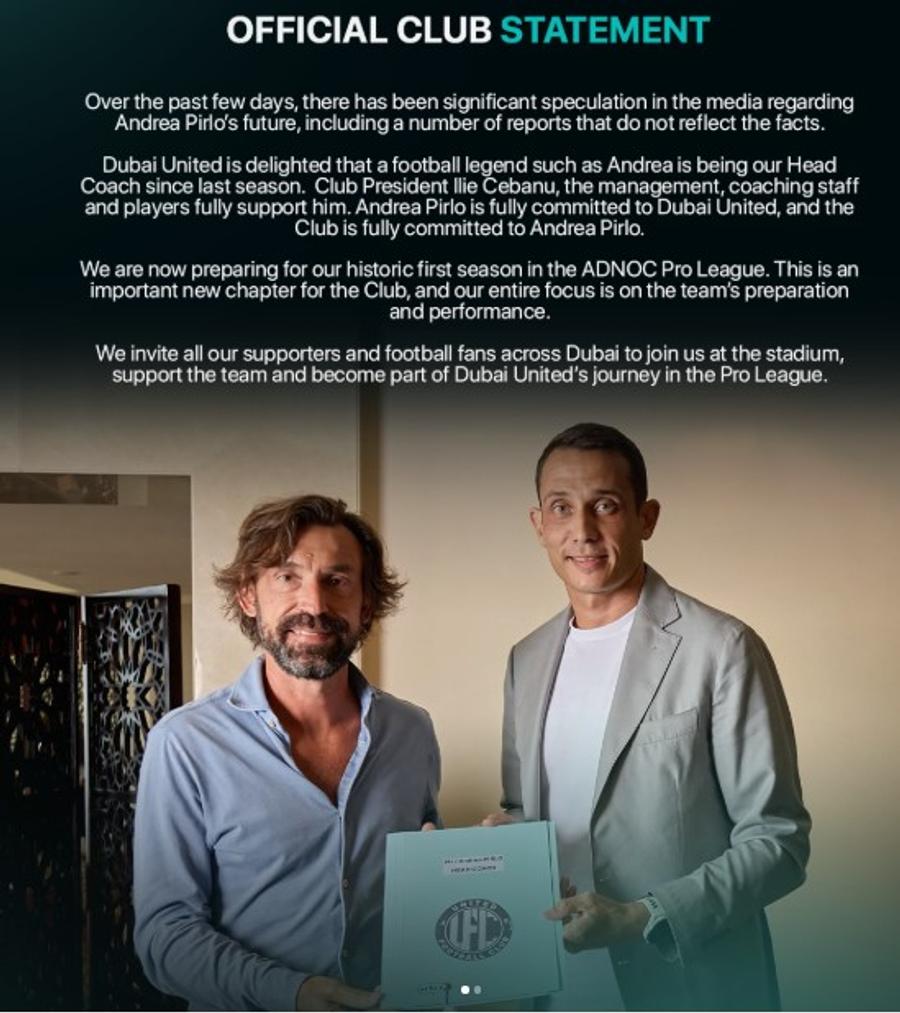 Comunicatul oficial publicat de United FC Dubai pe contul de Instagram al clubului din Emiratele Arabe Unite Anunțul venit din Emirate, chiar înaintea prezentării lui Mancini: „Sunt numai invenții! Legenda rămâne cu noi”