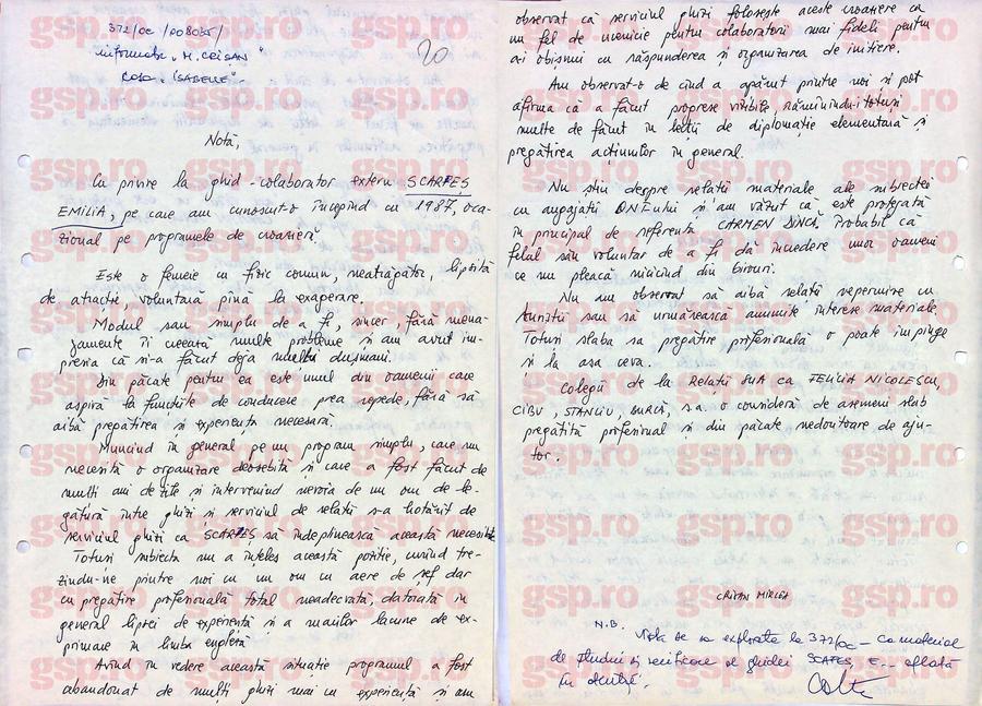 Cele două pagini ale notei informative servite Securității de „Mircea Crișan” (Dan Șucu) despre ghida ONT Emilia Scarfeș. Foto: CNSAS Avem TOATE notele informative scrise pentru Securitate de Dan Șucu, alias „Mircea Crișan”: „Sar în evidență dinții săi de aur” + Cum îl turna pe atașatul militar SUA