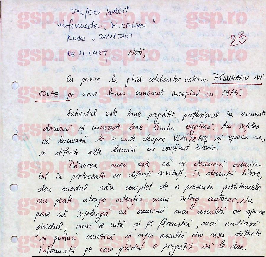 Pasaj din nota informativă scrisă de „Mircea Crișan” (Dan Șucu) pentru Securitate, având focusul pe unul dintre colegii săi de la ONT, ghidul Nicolae Păduraru. Foto: CNSAS Avem TOATE notele informative scrise pentru Securitate de Dan Șucu, alias „Mircea Crișan”: „Sar în evidență dinții săi de aur” + Cum îl turna pe atașatul militar SUA