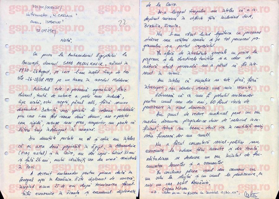 Nota informativă a lui „Mircea Crișan” (Dan Șucu) despre ambasadorul Egiptului la București, cu trei luni înainte de căderea regimului comunist. Foto: CNSAS Avem TOATE notele informative scrise pentru Securitate de Dan Șucu, alias „Mircea Crișan”: „Sar în evidență dinții săi de aur” + Cum îl turna pe atașatul militar SUA